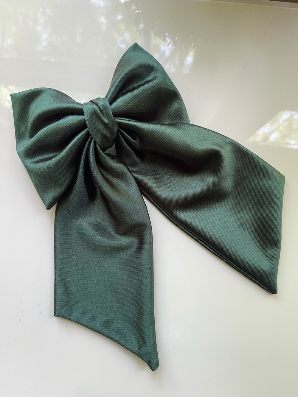 Dark Green Satin Hair Bow Clip - Elegant Women's Accessory 9.5 in length